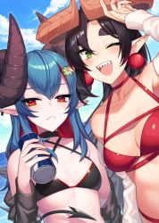 Rule 34 | 2girls, ;d, arm up, bare shoulders, bikini, black bikini, black choker, black hair, black jacket, blue hair, breasts, can, choker, closed mouth, clover senpai, colored inner hair, commission, criss-cross halter, curled horns, demon girl, demon horns, demon tail, energy drink, frown, green eyes, halterneck, highres, holding, horns, indie virtual youtuber, jacket, kinsenka momi, long hair, looking at viewer, medium breasts, mole, mole under eye, multicolored hair, multiple girls, mythic live, nako ryu, off shoulder, one eye closed, open mouth, outdoors, pointy ears, red bikini, red bull, red choker, red eyes, sharp teeth, sidelocks, skeb commission, small breasts, smile, streaked hair, string bikini, swimsuit, tail, teeth, thick eyebrows, two-tone hair, virtual youtuber
