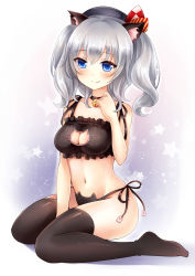 Rule 34 | 10s, 1girl, animal ears, bell, blush, bra, breasts, cat cutout, cat ear panties, cat ears, cat lingerie, cleavage, cleavage cutout, clothing cutout, hat, jingle bell, kantai collection, kashima (kancolle), looking at viewer, medium breasts, meme attire, navel, nikoo, panties, side-tie panties, silver hair, sitting, smile, solo, thighhighs, twintails, underwear, underwear only, wavy hair