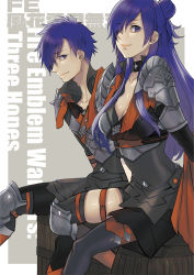 Rule 34 | armor, barrel, black thighhighs, breasts, cleavage, collar, fire emblem, fire emblem: three houses, fire emblem warriors: three hopes, hair bun, hair over one eye, knee pads, large breasts, leg strap, long hair, looking at viewer, nintendo, one eye covered, purple eyes, purple hair, shez (female) (fire emblem), shez (fire emblem), shez (male) (fire emblem), short hair, shoulder armor, simple background, single hair bun, sitting, sitting on object, smile, thighhighs