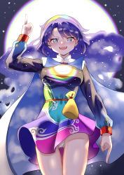 Rule 34 | absurdres, adapted costume, ailu elf, bag, blue eyes, blue hair, cape, dress, hairband, highres, moon, multicolored clothes, multicolored dress, multicolored hairband, night, night sky, panties, pantyshot, pointing, pointing down, pointing up, rainbow gradient, rainbow print, sky, sky print, solo, starry sky print, tenkyuu chimata, touhou, two-sided cape, two-sided fabric, underwear, white panties