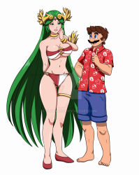 Rule 34 | 1boy, 1girl, alternate costume, arm behind back, armlet, artist request, barefoot, bikini, blue eyes, blue shorts, bracelet, breasts, brown hair, cleavage, clenched hand, closed mouth, collared shirt, eye contact, facial hair, full body, green eyes, green hair, grin, hand up, happy, highres, jewelry, kid icarus, legs, long hair, looking at another, mario, mario (series), midriff, mustache, navel, neck ring, nintendo, open mouth, palutena, red shirt, shirt, short sleeves, shorts, smile, standing, strapless, strapless bikini, super mario bros. 1, super smash bros., swimsuit, thigh gap, thighlet, underboob, very long hair