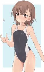 Rule 34 | 1girl, black one-piece swimsuit, blue background, border, brown eyes, brown hair, coin, collarbone, competition swimsuit, contrapposto, cowboy shot, female focus, gluteal fold, hair between eyes, highleg, highleg swimsuit, highres, looking at viewer, misaka mikoto, one-piece swimsuit, short hair, simple background, solo, standing, swimsuit, toaru kagaku no railgun, toaru majutsu no index, two-tone background, upper body, white background, white border, yakihebi
