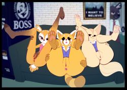 Rule 34 | 1boy, 3girls, :3, absurdres, aggressive retsuko, animal ears, anus, ass, bottomless, brick wall, brown fur, cleft of venus, closed mouth, couch, eyelashes, feet, fenneko, fox ears, fox tail, from behind, full body, furry, furry female, haida (aggretsuko), half-closed eyes, hands on own ass, hands on own thighs, highres, horn, indoors, legs up, light blush, looking at viewer, multiple girls, office lady, open mouth, orange fur, pawpads, pussy, red panda, red panda ears, red panda girl, red panda tail, retsuko, side-by-side, sitting, soles, solid circle eyes, spread pussy, tail, thighs, toes, tsunoda (aggretsuko), two-tone fur, white fur, xu53r, yellow fur