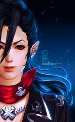 Rule 34 | 1girl, black hair, close-up, earrings, elezen, elf, final fantasy, final fantasy xiv, hair between eyes, hilda ware, hyur, jacket, jewelry, leather, leather jacket, lips, long hair, looking at viewer, pointy ears, ponytail, portrait, red eyes, scarf, shiroishi, solo, watermark