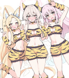 3girls animal_ear_fluff animal_ears animal_print bare_shoulders barefoot blonde_hair blue_archive blush bra cat_cutout clothing_cutout detached_sleeves flower forehead fox_ears fox_girl fox_tail hair_between_eyes hair_flower hair_ornament highres horns long_hair looking_at_viewer mika_(blue_archive) multiple_girls nagisa_(blue_archive) navel open_mouth paw_pose pink_eyes pink_hair sateto_(user_knrf2332) seia_(blue_archive) shorts sidelocks socks standing standing_on_one_leg sweatdrop tail tiger_print underwear white_flower yellow_bra yellow_eyes yellow_shorts yellow_socks