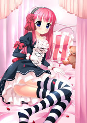 Rule 34 | 1girl, bed, blue eyes, blush, dress, frills, gloves, gothic lolita, hairband, highres, lolita fashion, long hair, looking at viewer, lying, on side, original, panties, pantyshot, petals, petticoat, pillow, pink hair, ribbon, sitting, solo, striped clothes, striped thighhighs, stuffed animal, stuffed toy, teddy bear, thighhighs, underwear, upskirt, yoruda
