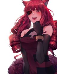 Rule 34 | 1girl, :d, animal ear fluff, animal ears, artificial eye, black gloves, blush, breasts, cat ears, choker, cizzi, dress, drill hair, eyeshadow, girls&#039; frontline, glint, gloves, hand up, highres, large breasts, long hair, looking at viewer, makeup, mechanical eye, open mouth, purple dress, red eyes, red hair, sidelocks, simple background, sleeveless, sleeveless dress, smile, solo, stella hoshii, tsurime, va-11 hall-a, white background