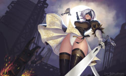 Rule 34 | 1girl, arm at side, artist name, black dress, black footwear, black gloves, black hairband, black ribbon, black thighhighs, blindfold, boots, breasts, cleavage, cleavage cutout, closed mouth, clothes lift, clothing cutout, cloud, cloudy sky, covered eyes, cowboy shot, crane (machine), dress, drone, eshuihan, explosion, feather-trimmed sleeves, floating, full moon, gloves, gluteal fold, groin, hairband, highleg, highleg leotard, highres, holding, holding sword, holding weapon, juliet sleeves, katana, large breasts, legs together, leotard, light smile, lips, long sleeves, machinery, medium breasts, moon, nier:automata, nier (series), night, night sky, no mole, nose, pink lips, pod (nier:automata), puffy sleeves, ribbed dress, ribbon, robot, short dress, short hair, side slit, silver hair, skirt, skirt lift, sky, solo, standing, sword, thigh boots, thigh gap, thighhighs, thighs, upskirt, vambraces, weapon, white leotard, wind, wind lift, 2b (nier:automata)