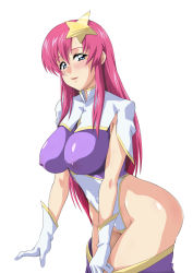 Rule 34 | 1girl, blue eyes, blush, breasts, covered erect nipples, gloves, groin, gundam, gundam seed, gundam seed destiny, hair between eyes, hair ornament, highleg, highleg leotard, impossible clothes, impossible leotard, large breasts, leotard, long hair, looking at viewer, meer campbell, minpei ichigo, parted lips, pink hair, purple leotard, shiny skin, simple background, solo, standing, star (symbol), star hair ornament, sweat, thighs, thong leotard, tongue, tongue out, white background, white gloves, white leotard