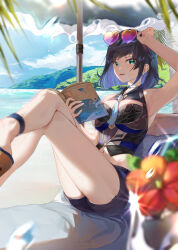 Rule 34 | 1girl, absurdres, adapted costume, adjusting eyewear, arm up, armpits, bare arms, bare legs, bare shoulders, beach, beach chair, beach umbrella, black hair, black shorts, blue hair, blue sky, blurry, blurry foreground, book, breasts, choker, cleavage cutout, clothing cutout, cloud, collared shirt, commentary, crop top, crossed legs, dark blue hair, day, diagonal bangs, dice, earrings, eyewear on head, feet out of frame, flower, genshin impact, gradient hair, green eyes, hand on eyewear, heart, heart-shaped eyewear, highres, holding, holding book, jewelry, kkopoli, knees up, large breasts, looking at viewer, midriff, mole, mole on breast, mountainous horizon, multicolored hair, navel, ocean, open book, outdoors, palm leaf, parted lips, platform footwear, reclining, red flower, sand, shirt, short hair, short shorts, shorts, sidelocks, sitting, sky, sleeveless, sleeveless shirt, smile, solo, strappy heels, sunglasses, symbol-only commentary, tassel, tinted eyewear, umbrella, water, white choker, yelan (genshin impact)