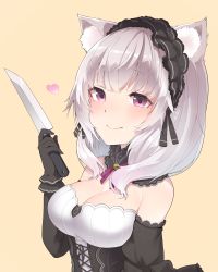 Rule 34 | 13o, 1girl, animal ear fluff, animal ears, bad id, bad pixiv id, bare shoulders, black dress, black gloves, breasts, cleavage, closed mouth, detached collar, detached sleeves, dress, gloves, hand up, headdress, heart, highres, holding, holding knife, indie virtual youtuber, knife, long hair, long sleeves, looking at viewer, medium breasts, neck ribbon, note takehana, purple eyes, purple ribbon, ribbon, silver hair, smile, solo, takehana note (vtuber), upper body, virtual youtuber, yellow background