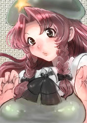 Rule 34 | 1girl, bad id, bad pixiv id, black bow, black ribbon, blush, bow, braid, breasts, close-up, gaihan umeboshi mitchell, grey eyes, hair bow, hair intakes, hands up, hat, hong meiling, jubigamura, large breasts, long hair, parted lips, patterned background, red hair, ribbon, solo, star (symbol), touhou, twin braids