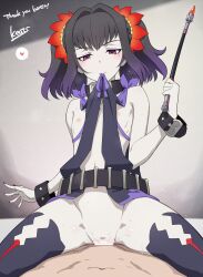Rule 34 | 1boy, 1girl, absurdres, belt, black choker, black hair, blush, bracelet, braid, breasts, choker, clothes in mouth, commentary, commission, english commentary, flower, hair flower, hair ornament, heart, hetero, highres, holding, holding weapon, jewelry, kiikii (kitsukedokoro), mole, mole under eye, multicolored hair, nail polish, purple eyes, purple hair, red nails, revealing clothes, sex, sideless outfit, signature, small breasts, smile, staff, symonne (tales), tales of (series), tales of zestiria, thighhighs, twintails, two-tone hair, weapon