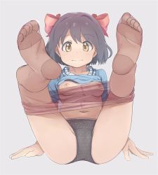 Rule 34 | 1girl, bad id, bad pixiv id, black panties, breasts, brown eyes, brown hair, clothes lift, clothes pull, feet, hayyan, navel, nipples, no shoes, original, panties, pantyhose, pantyhose pull, shirt lift, short hair, small breasts, soles, solo, toes, underwear