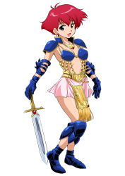 Rule 34 | 1girl, armor, armored dress, bikini armor, boots, character request, earrings, fantasy, gauntlets, jewelry, purple eyes, red hair, ryumage, short hair, skirt, solo, sword, weapon