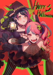 Rule 34 | 2girls, animal print, bare shoulders, bat print, black dress, black gloves, black hair, black headwear, black nails, blush, braid, breasts, cleavage, commentary, dress, drill hair, fangs, fingerless gloves, gloves, hair ornament, halloween, happy halloween, hat, highres, holding lamp, lamp, large breasts, multiple girls, nail polish, noriuma, one side up, original, pink eyes, pink hair, side ponytail, skull, thighhighs, witch hat, yellow eyes