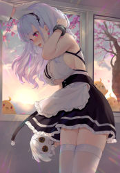 Rule 34 | 1girl, absurdres, apron, azur lane, bare shoulders, bibimbub, black hairband, blush, branch, breasts, center frills, cherry blossoms, clothing cutout, commander (azur lane), commentary request, dido (azur lane), doll, earrings, falling petals, frilled apron, frills, gloves, hairband, headpat, highres, holding, holding doll, jacket, jewelry, lace-trimmed hairband, lace trim, large breasts, leaning forward, long hair, looking down, maid apron, manjuu (azur lane), military jacket, open mouth, petals, pink eyes, shirt, sideboob, sky, sleeveless, sleeveless shirt, sun, sunlight, thighhighs, tree, underboob, underboob cutout, waist apron, white apron, white gloves, window, wrist cuffs