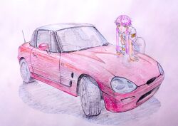 Rule 34 | 1girl, against vehicle, aria (manga), aria company uniform, blue bow, blue bowtie, blue gloves, bow, bowtie, bracelet, car, closed mouth, cwind, dress, fingerless gloves, gloves, gold trim, green eyes, hair tubes, jewelry, leaning forward, looking at viewer, mizunashi akari, motor vehicle, parted bangs, pink hair, red car, sailor collar, shadow, short hair with long locks, single glove, sketch, smile, solo, sports car, suzuki cappuccino, traditional media, vehicle focus, white dress