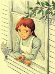 Rule 34 | 1girl, anne of green gables, anne shirley, bird, braid, branch, freckles, jieri, leaf, nippon animation, painting (medium), red hair, solo, traditional media, twin braids, watercolor (medium), window, world masterpiece theater
