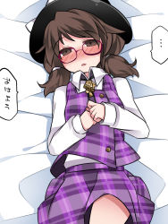 Rule 34 | 1girl, blush, brown eyes, brown hair, commentary request, dress shirt, hammer (sunset beach), hat, long hair, low twintails, matching hair/eyes, one eye closed, open mouth, plaid, plaid skirt, plaid vest, red-framed eyewear, school uniform, shirt, skirt, solo, touhou, twintails, usami sumireko, vest