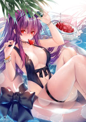 Rule 34 | 1girl, bare shoulders, black bow, black one-piece swimsuit, blush, bow, bracelet, breasts, collarbone, eyewear on head, food, fruit, highres, jewelry, knees up, large breasts, long hair, looking at viewer, mouth hold, navel, necklace, obiwan, one-piece swimsuit, original, purple hair, red eyes, slingshot swimsuit, solo, sunglasses, sunlight, swimsuit, thigh strap, thighs, water, watermelon, wet