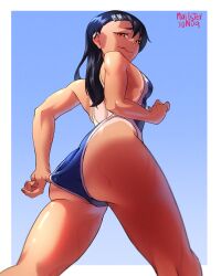 Rule 34 | 1girl, adjusting clothes, adjusting swimsuit, ass, ass focus, asymmetrical bangs, black hair, blue one-piece swimsuit, breasts, brown eyes, commentary request, competition swimsuit, dark-skinned female, dark skin, earclip, from behind, from below, highres, huge ass, ijiranaide nagatoro-san, long hair, looking at viewer, looking back, mawster yowda, nagatoro hayase, one-piece swimsuit, one-piece tan, sideboob, skindentation, small breasts, solo, swimsuit, tan, tanline, thighs, wide hips
