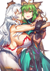 Rule 34 | 2girls, ;d, ahoge, animal ears, aqua dress, arm grab, armpits, arms around neck, artemis (fate), atalanta (fate), bare arms, bare shoulders, black dress, black gauntlets, breast press, breasts, brown hair, cat ears, cat tail, clothing cutout, couple, dress, closed eyes, eyes visible through hair, fang, fate/grand order, fate (series), female focus, gauntlets, gradient hair, green dress, green eyes, green hair, hair flaps, highres, hug, huge breasts, kiss, kissing cheek, long hair, looking at another, looking back, medium breasts, melon22, multicolored clothes, multicolored dress, multicolored hair, multiple girls, navel, navel cutout, neck, one eye closed, open mouth, orion (bear) (fate), parted lips, sideboob, silver hair, simple background, smile, standing, strapless, strapless dress, stuffed animal, stuffed toy, sweatdrop, tail, teddy bear, two-tone hair, type-moon, white background, white dress, white wristband, wince, wristband, yuri