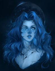 Rule 34 | 1girl, artist name, blue eyes, blue hair, blue lips, blue skin, colored skin, commentary, cracked skin, elden ring, english commentary, facial tattoo, glowing tattoo, highres, lamissems, lips, long hair, moon, one eye closed, parted lips, ranni the witch, solo, tattoo, wavy hair