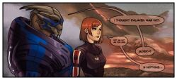 1boy 1girl commander_shepard commander_shepard_(female) english_text garrus_vakarian kasianie mass_effect_(series) n7_armor red_hair speech_bubble tumblr turian