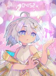 Rule 34 | 1girl, absurdres, ahoge, bare shoulders, binzoko paroma, breasts, cloud, commentary, commission, crescent, crescent hair ornament, detached sleeves, dress, english commentary, gold necklace, grey hair, hair ornament, hand up, highres, jewelry, looking afar, mudra, necklace, open mouth, original, purple eyes, short hair, small breasts, solo, torii, upper body, vitarka mudra, white dress, wide sleeves