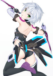 Rule 34 | 1girl, absurdres, ass, bandaged arm, bandages, bare shoulders, black panties, black thighhighs, black vest, breasts, cropped vest, dagger, facial scar, fate/apocrypha, fate/grand order, fate (series), green eyes, hair between eyes, highres, jack the ripper (fate/apocrypha), knife, looking at viewer, looking back, panties, scar, scar across eye, scar on cheek, scar on face, short hair, shoulder tattoo, small breasts, solo, tattoo, thighhighs, thighs, underwear, vest, weapon, white hair, yamachi (xadp7533)