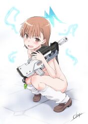 Rule 34 | 1girl, @ @, absurdres, assault rifle, blue archive, blue halo, blush, brown eyes, brown hair, bullpup, charm (object), commentary request, covering privates, electricity, electrokinesis, fn f2000, gekota, gun, halo, highres, holding, holding gun, holding weapon, just shoes, lightning bolt symbol, loafers, looking at viewer, loose socks, misaka mikoto, nude, okara, open mouth, psychic, rifle, shoes, short hair, simple background, socks, solo, squatting, toaru kagaku no railgun, toaru majutsu no index, weapon