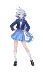 Rule 34 | 1girl, absurdres, alternate costume, black footwear, blue bow, blue bowtie, blue eyes, blue hair, blue jacket, blue skirt, blush, bow, bowtie, closed mouth, cowlick, full body, furina (genshin impact), genshin impact, hands on own hips, heterochromia, highres, jacket, long hair, looking at viewer, open clothes, open jacket, school uniform, shirt, simple background, skirt, socks, solo, striped clothes, striped skirt, twitter username, wavy hair, white background, white shirt, white socks, zero pi