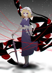 Rule 34 | 1girl, absurdres, blonde hair, breasts, buttons, closed mouth, collared dress, commentary request, dress, frilled sleeves, frills, full body, gap (touhou), gradient background, grey background, hat, high heels, highres, holding, holding own arm, holding umbrella, lian mang, light smile, looking at viewer, maribel hearn, medium breasts, mob cap, purple dress, purple eyes, sash, short hair, solo, standing, touhou, umbrella, white hat, white sash