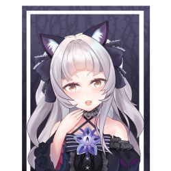 Rule 34 | 1girl, animal ear fluff, animal ears, bare shoulders, black bow, blunt bangs, bow, criss-cross halter, digitalart, frilled bow, frills, gothic lolita, grey hair, hair bow, halterneck, hand up, highres, hololive, hololive alternative, lolinnez., lolita fashion, long hair, looking at viewer, murasaki shion, murasaki shion (gothic lolita), open mouth, self-upload, solo, teeth, upper body, upper teeth only, virtual youtuber, witch