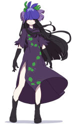 Rule 34 | 1girl, absurdres, black footwear, black gloves, black hair, boots, china dress, chinese clothes, dress, elbow gloves, floating hair, flower, flower on head, full body, gloves, grape print, highres, kame (kamepan44231), leaf print, long hair, orchid, print dress, puffy short sleeves, puffy sleeves, short sleeves, simple background, solo, touhou, white background, wind, wind lift, yomotsu hisami