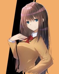 Rule 34 | 1girl, aozaki aoko, blazer, blue eyes, bow, bowtie, brown hair, closed mouth, collared shirt, commentary request, cropped torso, dande cat, hair between eyes, hand on own chest, highres, jacket, long hair, long sleeves, looking at viewer, mahou tsukai no yoru, red bow, school uniform, shirt, smile, solo, uniform, white shirt, yellow jacket