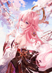 Rule 34 | 1girl, animal ears, backless outfit, bare shoulders, blue sky, breasts, cherry blossoms, day, detached sleeves, ears down, falling petals, floppy ears, fox ears, from behind, genshin impact, hair between eyes, highres, japanese clothes, kity1211 tetsu, large breasts, long hair, looking at viewer, looking back, nail polish, nontraditional miko, obi, outdoors, parted lips, petals, pink hair, pink nails, purple eyes, red lips, sash, shirt, sideboob, sidelocks, signature, sky, sleeveless, sleeveless shirt, solo, straight hair, white shirt, white sleeves, wide sleeves, yae miko