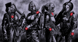 Rule 34 | 4girls, absurdres, assault rifle, breasts, bullpup, coat, gas mask, greyscale, gun, hair over one eye, highres, holding, holding gun, holding sword, holding weapon, hood, jacket, last man battalion, mask, medium breasts, monochrome, multiple girls, ponytail, rifle, rogue division agent, scope, serious, spot color, sunglasses, sword, takayama akira, tom clancy&#039;s the division, tom clancy&#039;s the division 2, weapon