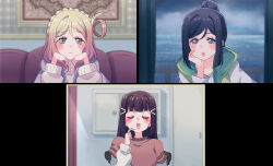 Rule 34 | 3girls, :3, :d, black jacket, blonde hair, blue hair, blunt bangs, blurry, blurry background, blush, braid, breasts, closed eyes, closed mouth, collarbone, commentary, cream (nipakupa), crown braid, dark blue hair, facing viewer, finger to mouth, green eyes, hand on own cheek, hand on own face, hands on own cheeks, hands on own face, high ponytail, highres, indoors, jacket, kurosawa dia, layered sleeves, long hair, long sleeves, looking at viewer, love live!, love live! sunshine!!, matsuura kanan, medium breasts, mole, mole under mouth, multiple girls, ocean, ohara mari, open clothes, open jacket, open mouth, ponytail, portrait, purple eyes, red shirt, shirt, short over long sleeves, short sleeves, sidelocks, single hair ring, smile, sweater, u u, upper body, white jacket, white shirt, yellow sweater