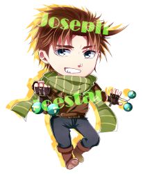 Rule 34 | 1boy, bad id, bad pixiv id, blue eyes, bola (weapon), boots, brown hair, character name, chibi, grin, jacket, jojo no kimyou na bouken, joseph joestar, joseph joestar (young), male focus, scarf, smile, solo, striped clothes, striped scarf, yoshimura (hrd29)