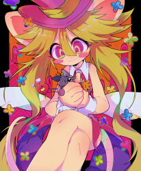 Rule 34 | 1girl, 2boys, anger vein, animal ears, black border, blank eyes, blush stickers, border, buttoned cuffs, collar, collared dress, colored sclera, crossed legs, dress, ear tag, fangs, feathered wings, flower, giant, giantess, gloves, green hair, grey gloves, hair between eyes, hat, heart, heart (mad rat dead), highres, holding, mad rat (mad rat dead), mad rat dead, mouse (animal), mouse ears, mouse girl, mouse tail, multiple boys, necktie, omochiutyu, one-eyed, open mouth, orange gloves, puff of air, pulling, rat god (mad rat dead), red dress, red eyes, red hat, restrained, ringed eyes, sidelocks, simple background, size difference, smile, sweat, tail, top hat, v-shaped eyebrows, white collar, white necktie, white wrist cuffs, wings, wrist cuffs, yellow sclera