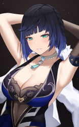 1girl absurdres armpits arms_up blue_dress blue_hair blush bob_cut braid breasts cleavage dice dress genshin_impact green_eyes highres jacket large_breasts looking_at_viewer murding short_hair sleeveless sleeveless_dress solo upper_body white_jacket yelan_(genshin_impact)