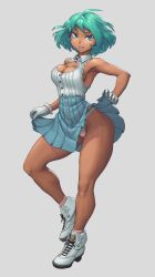 Rule 34 | 1girl, :d, aqua eyes, aqua hair, aqua skirt, armpits, boots, breasts, cleavage, cleavage cutout, clothes lift, clothing cutout, dark-skinned female, dark skin, fold-over boots, frilled gloves, frills, full body, gloves, highleg, highleg panties, highres, large breasts, lifted by self, long legs, looking at viewer, medium breasts, nonneim, open mouth, original, panties, pink panties, pink socks, shoelaces, short hair, skirt, skirt lift, sleeveless, smile, socks, solo, split mouth, standing, teeth, underwear, upper teeth only, white footwear, white gloves