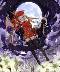 Rule 34 | 00s, 1girl, aiguillette, animal, animal on shoulder, armband, bad id, bad pixiv id, black thighhighs, blonde hair, blush, book, cloud, dragon, dungeon and fighter, closed eyes, fisheye, flower, full moon, garter straps, gero-gh, hexagram, long hair, low twintails, magic, miniskirt, moon, night, night sky, petals, skirt, sky, smile, solo, standing, thighhighs, twintails, uniform, very long hair