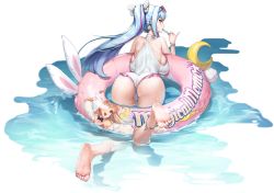 Rule 34 | 1girl, animal ears, anklet, arm strap, ass, backboob, barefoot, bell, blue hair, blue nails, bracelet, breasts, bumcha, character name, choker, crescent, earrings, eyewear on head, feet, flower, flower earrings, food, food in mouth, frilled one-piece swimsuit, frills, from behind, hair ornament, heart, heart-shaped eyewear, highres, hraesvelgr (last origin), huge breasts, innertube, jewelry, jingle bell, large breasts, last origin, long hair, looking at viewer, looking back, median furrow, multicolored hair, nail polish, official alternate costume, official art, one-piece swimsuit, partially immersed, pearl bracelet, pink hair, ponytail, popsicle, popsicle in mouth, print innertube, purple hair, rabbit ears, rabbit tail, ring, shoulder blades, skindentation, solo, streaked hair, swim ring, swimsuit, tail, transparent background, two-tone hair, water, wet, white choker, white flower, white one-piece swimsuit, yellow eyes