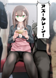 Rule 34 | 1girl, ^^^, ass, bag, black pantyhose, breasts, brown hair, cellphone, closed mouth, collared shirt, green eyes, highres, holding, holding phone, jacket, long hair, ol-chan (oouso), oouso, original, panties, panties under pantyhose, pantyhose, pantyshot, phone, school uniform, shirt, sitting, smartphone, smile, solo focus, suit jacket, train interior, translated, underwear, upskirt, white panties