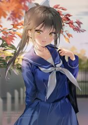 Rule 34 | 1girl, absurdres, anmi, bag, blue serafuku, blurry, blurry background, blush, bow, branch, brown eyes, brown hair, collarbone, hair bow, highres, leaf, long hair, long sleeves, looking at viewer, mole, mole under mouth, open mouth, original, outdoors, ponytail, scan, school bag, school uniform, serafuku, simple background, smile, solo, sunset