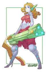 Rule 34 | 1girl, android, blonde hair, blue eyes, colored skin, colorized, curly brace, doukutsu monogatari, gun, highres, huge weapon, joints, long hair, making-of available, midriff, neon trim, no feet, no headwear, no headwear, norasuko, revision, robot, robot ears, robot joints, science fiction, shorts, solo, tank top, weapon, white skin