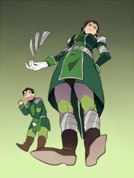 Rule 34 | 1boy, 1girl, avatar legends, black hair, bolin, boots, breasts, brown footwear, closed eyes, coat, from below, full body, gloves, green background, green coat, green pants, green theme, kuvira, long sleeves, looking at viewer, medium breasts, mole, mole under eye, open mouth, pants, shoe soles, short hair, smile, t k g, teeth, the legend of korra, upper teeth only, white gloves
